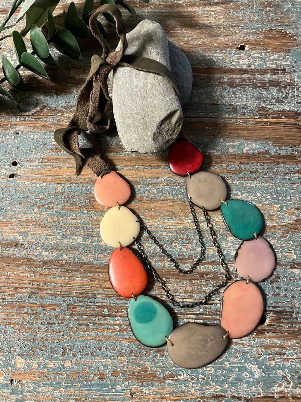 Anthropologie multi -Color Tagua nut Teardrop Pendant Statement Necklace